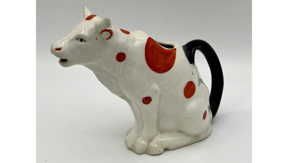 Vtg MCM Farmhouse Ceramic White w/ Orange Spots Cow Kitchen Creamer Serveware